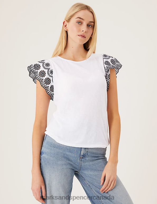 Marks and Spencer Canada - Women Soft White Clothing Marks & Spencer Pure Cotton Embroidered Sleeveless Vest 20VTD3232