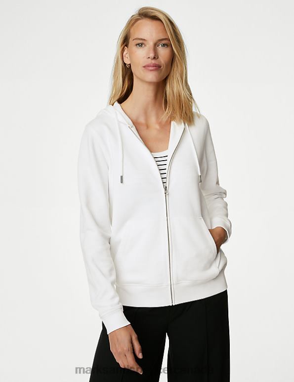 Women Soft White Clothing Marks & Spencer Pure Cotton Zip Up Hoodie 20VTD2713 - Marks and Spencer outlet