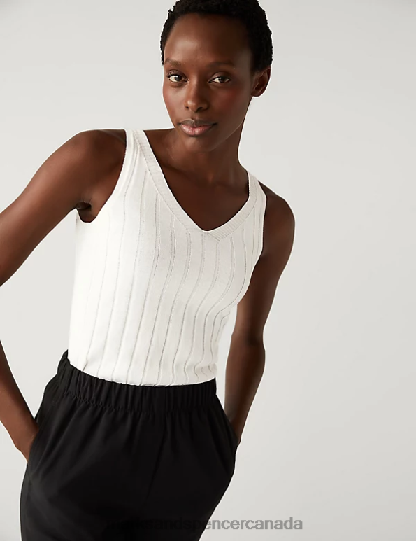Marks and Spencer near me - Women Soft White Clothing Marks & Spencer Ribbed V-Neck Knitted Vest with Linen 20VTD2386