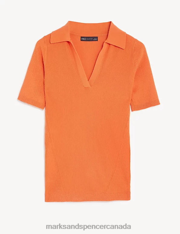 Marks and Spencer Canada - Women Tangerine Clothing Marks & Spencer Cotton Rich Ribbed Collared Knitted Top 20VTD1277