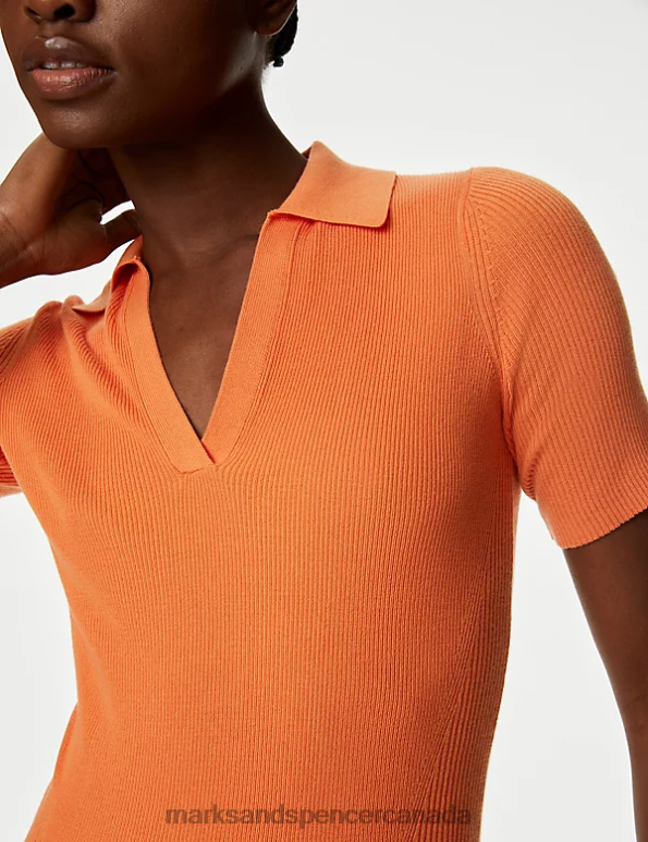 Marks and Spencer Canada - Women Tangerine Clothing Marks & Spencer Cotton Rich Ribbed Collared Knitted Top 20VTD1277