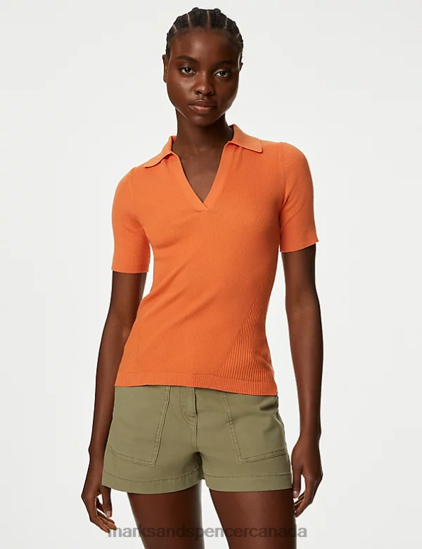 Marks and Spencer Canada - Women Tangerine Clothing Marks & Spencer Cotton Rich Ribbed Collared Knitted Top 20VTD1277