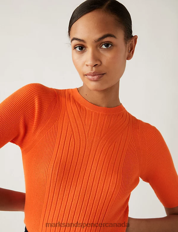 Marks and Spencer sale - Women Tangerine Clothing Marks & Spencer Ribbed Crew Neck Knitted Top 20VTD100