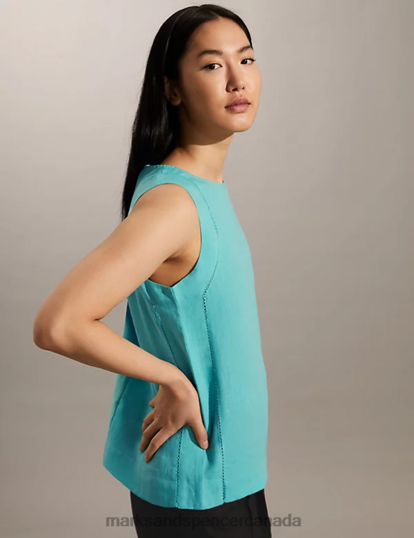 Marks and Spencer near me - Women Teal Clothing Marks & Spencer Pure Linen Lace Insert Vest Top 20VTD1553
