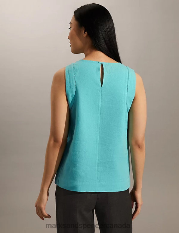 Marks and Spencer near me - Women Teal Clothing Marks & Spencer Pure Linen Lace Insert Vest Top 20VTD1553