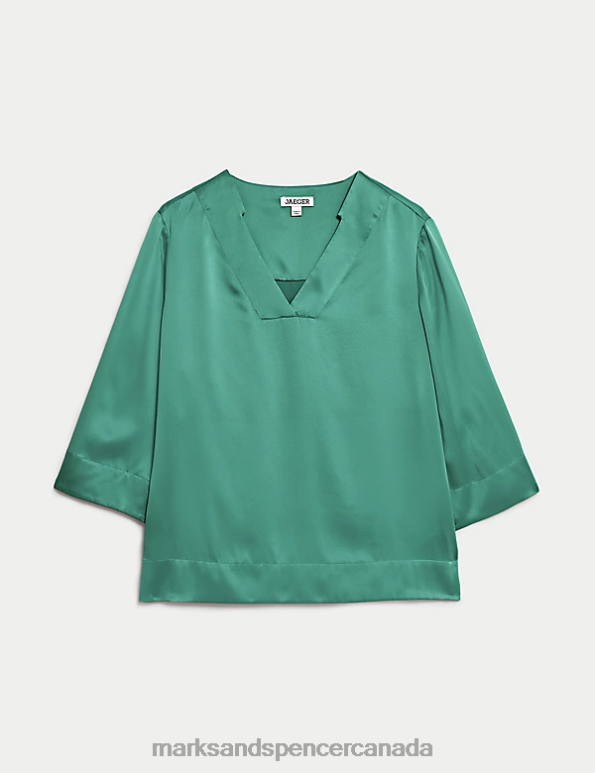 Women Teal Clothing Marks & Spencer Pure Silk V-Neck Top 20VTD375 - Marks and Spencer Canada locations