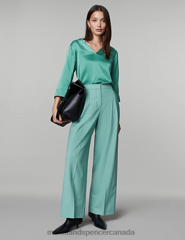 Women Teal Clothing Marks & Spencer Pure Silk V-Neck Top 20VTD375 - Marks and Spencer Canada locations