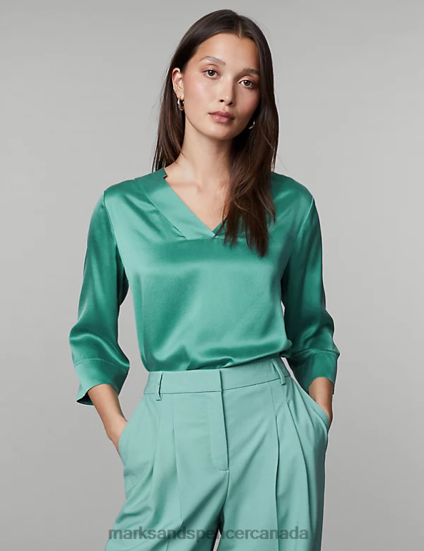 Women Teal Clothing Marks & Spencer Pure Silk V-Neck Top 20VTD375 - Marks and Spencer Canada locations