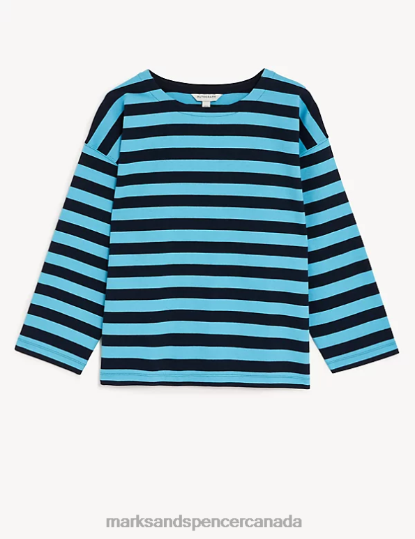 Marks and Spencer Canada - Women Turquoise Mix Clothing Marks & Spencer Cotton Rich Striped Top 20VTD2880