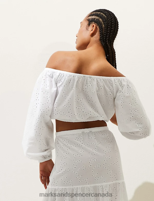Women White Clothing Marks & Spencer Pure Cotton Broderie Off The Shoulder Top 20VTD2594 - Marks and Spencer Canada locations