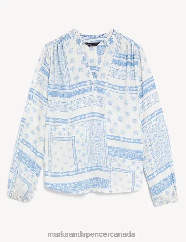 Women White Mix Clothing Marks & Spencer Floral V-Neck Popover Blouse 20VTD649 - Marks and Spencer online