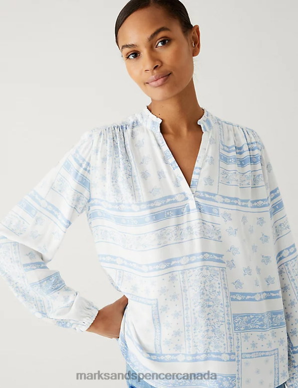 Women White Mix Clothing Marks & Spencer Floral V-Neck Popover Blouse 20VTD649 - Marks and Spencer online