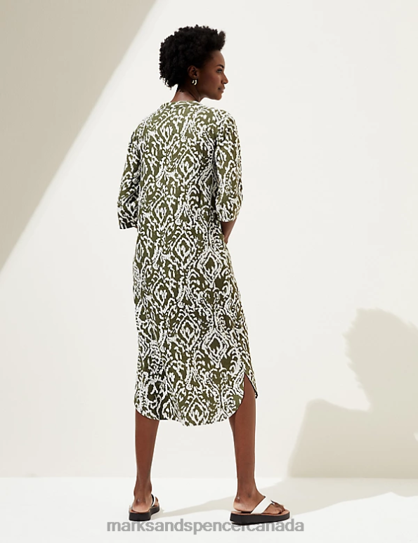 Women White Mix Clothing Marks & Spencer Linen Rich Printed V-Neck Tunic 20VTD2129 - Marks and Spencer outlet