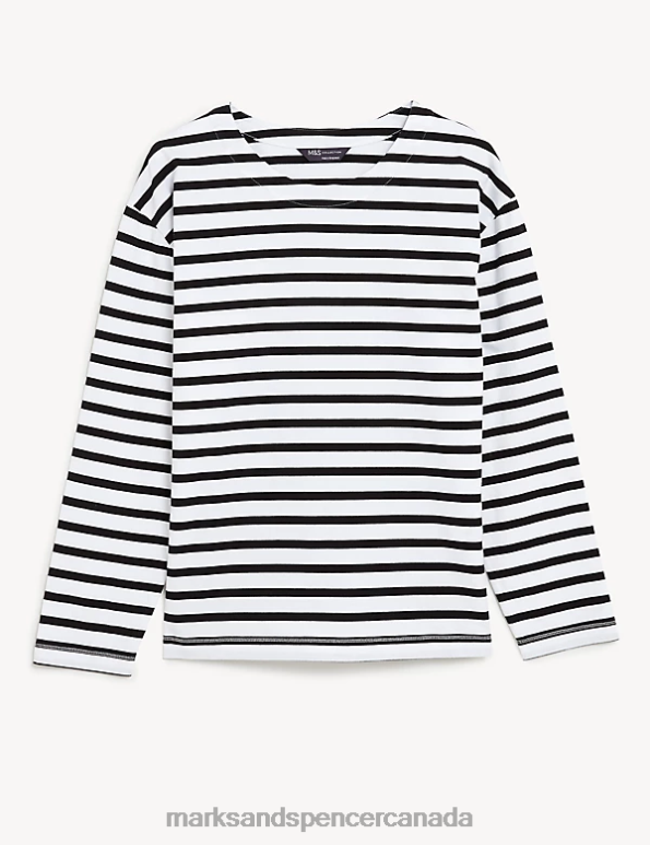 Marks and Spencer Canada - Women White Mix Clothing Marks & Spencer Pure Cotton Striped Crew Neck Top 20VTD1256
