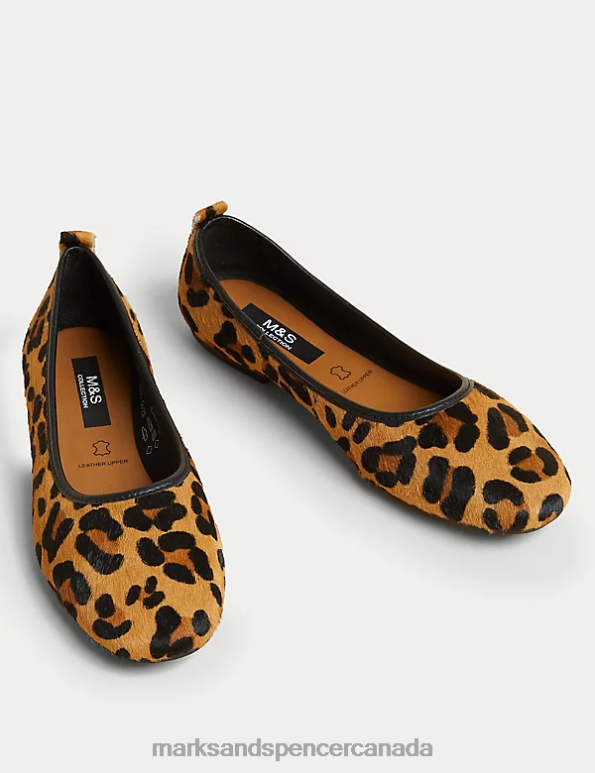 Marks and Spencer sale - Women Brown Mix Footwear Marks & Spencer Leather Leopard Print Flat Ballet Pumps 20VTD2910