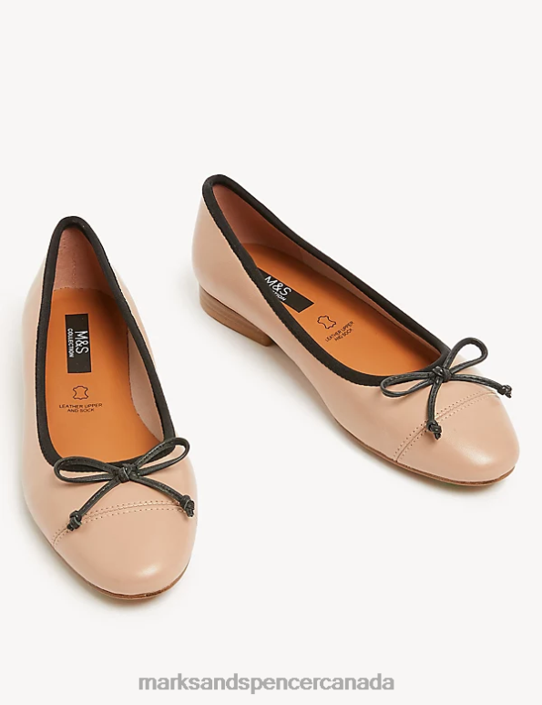 Women Pale Blush Footwear Marks & Spencer Leather Bow Ballet Pumps 20VTD2023 - Marks and Spencer outlet