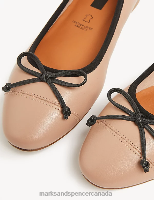 Women Pale Blush Footwear Marks & Spencer Leather Bow Ballet Pumps 20VTD2023 - Marks and Spencer outlet