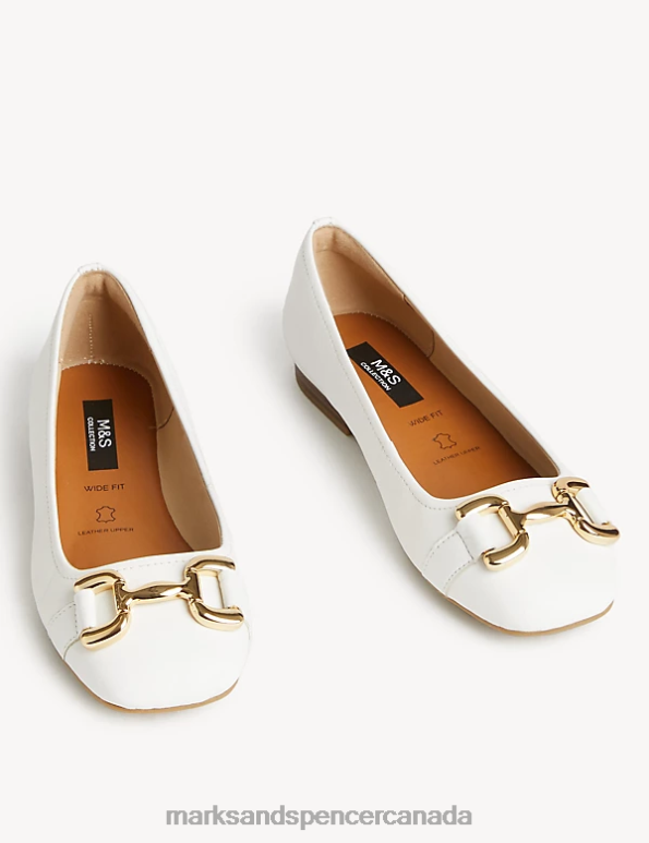 Women White Footwear Marks & Spencer Wide Fit Leather Buckle Flat Ballet Pumps 20VTD1433 - Marks and Spencer Canada locations