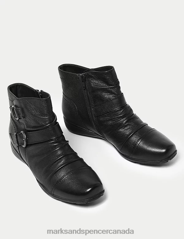 Women Black Footwear Marks & Spencer Wide Fit Leather Buckle Ruched Ankle Boots 20VTD2428 - Marks and Spencer Canada locations