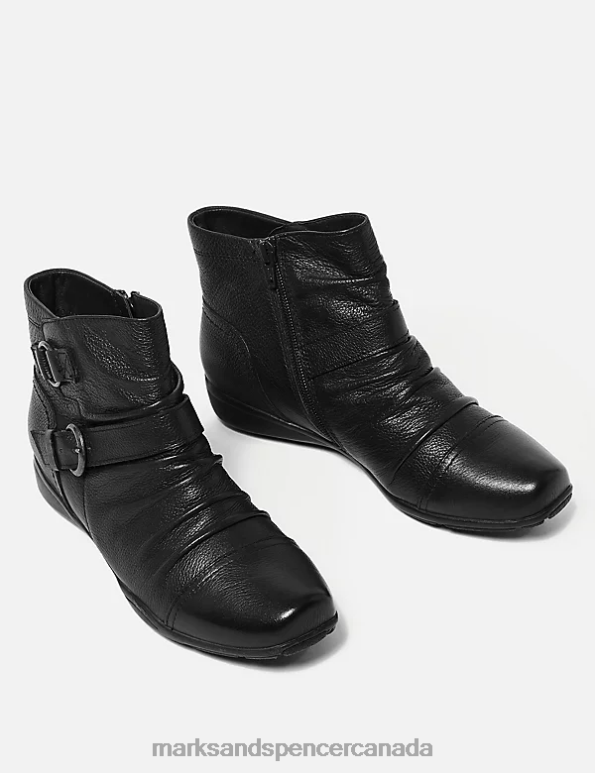 Women Black Footwear Marks & Spencer Wide Fit Leather Buckle Ruched Ankle Boots 20VTD2428 - Marks and Spencer Canada locations