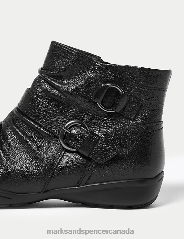Women Black Footwear Marks & Spencer Wide Fit Leather Buckle Ruched Ankle Boots 20VTD2428 - Marks and Spencer Canada locations