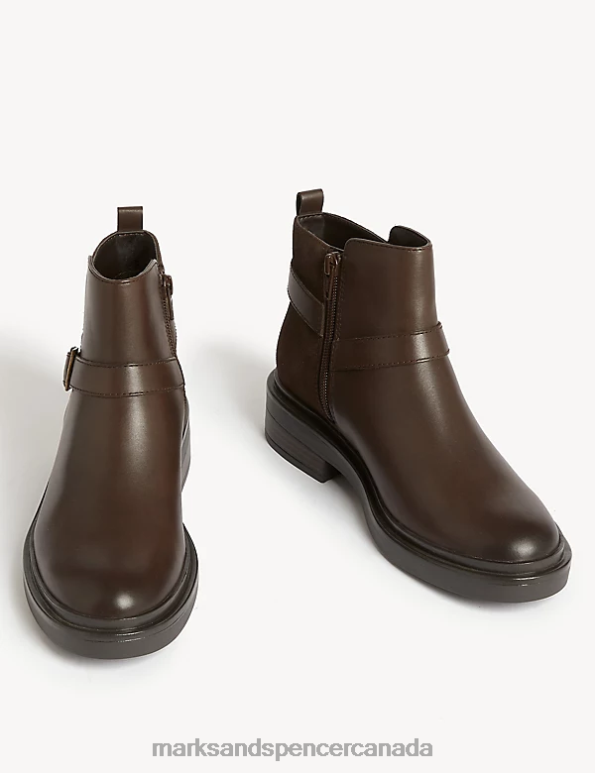 Women Brown Footwear Marks & Spencer Wide Fit Leather Buckle Ankle Boots 20VTD3146 - Marks and Spencer outlet