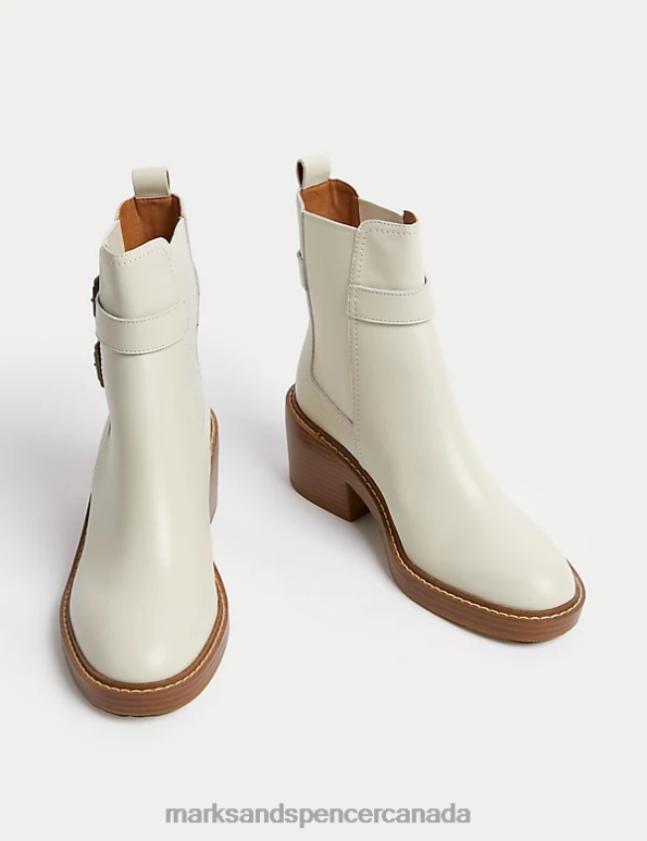 Marks and Spencer Canada - Women Vanilla Footwear Marks & Spencer Leather Buckle Block Heel Ankle Boots 20VTD1231