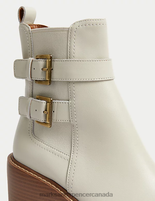 Marks and Spencer Canada - Women Vanilla Footwear Marks & Spencer Leather Buckle Block Heel Ankle Boots 20VTD1231