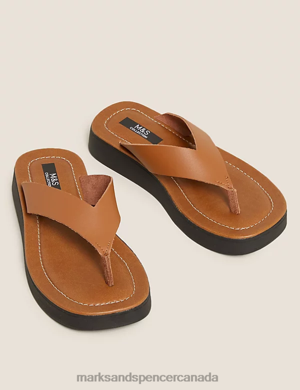 Women Tan Footwear Marks & Spencer Leather Flatform Flip Flops 20VTD2534 - Marks and Spencer Canada locations