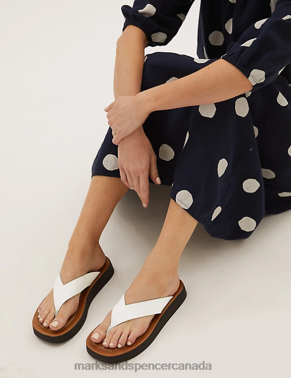 Marks and Spencer Canada - Women White Footwear Marks & Spencer Leather Flatform Flip Flops 20VTD2897