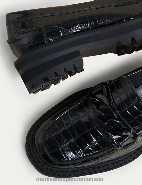 Women Black Footwear Marks & Spencer Leather Croc Block Heel Square Toe Loafers 20VTD1189 - Marks and Spencer outlet