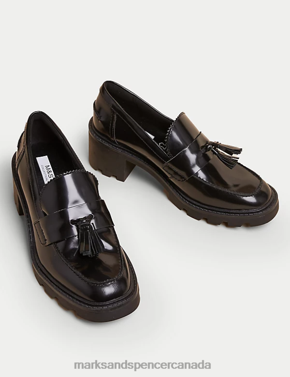 Marks and Spencer sale - Women Black Footwear Marks & Spencer Leather Tassel Block Heel Loafers 20VTD1688