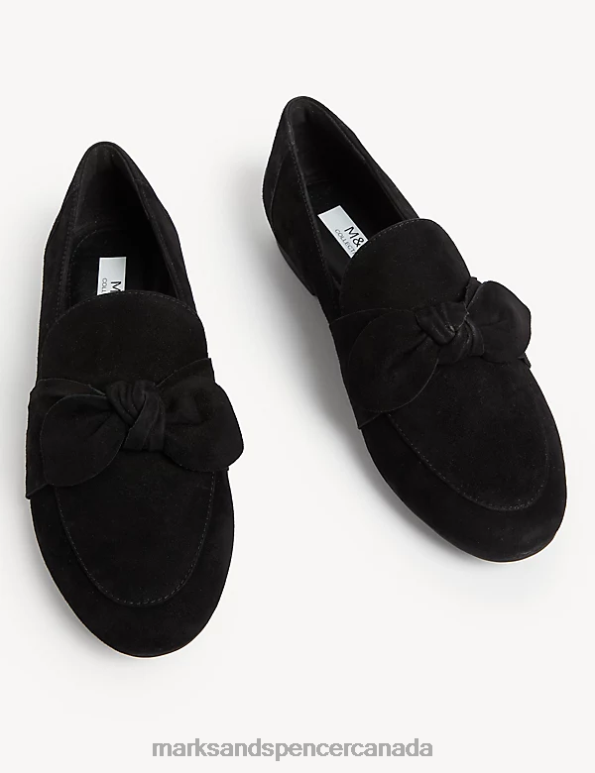 Women Black Footwear Marks & Spencer Wide Fit Suede Bow Flat Loafers 20VTD2514 - Marks and Spencer outlet