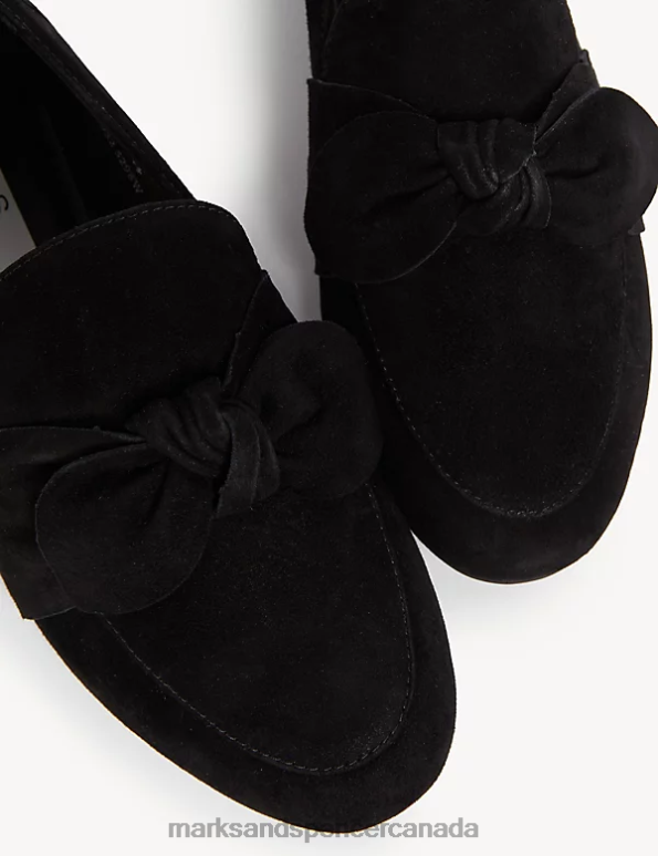 Women Black Footwear Marks & Spencer Wide Fit Suede Bow Flat Loafers 20VTD2514 - Marks and Spencer outlet