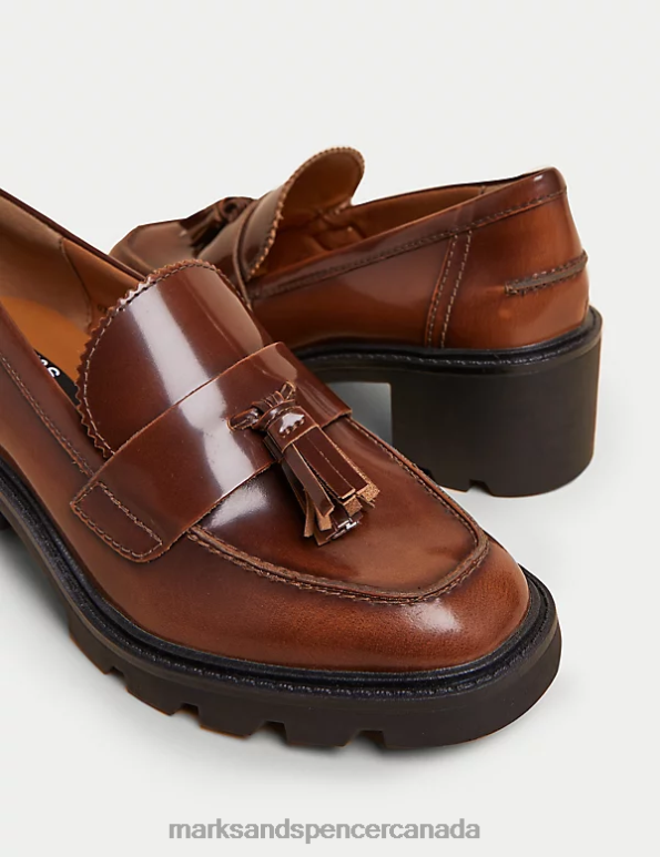 Marks and Spencer Canada - Women Chestnut Footwear Marks & Spencer Leather Tassel Block Heel Loafers 20VTD2013