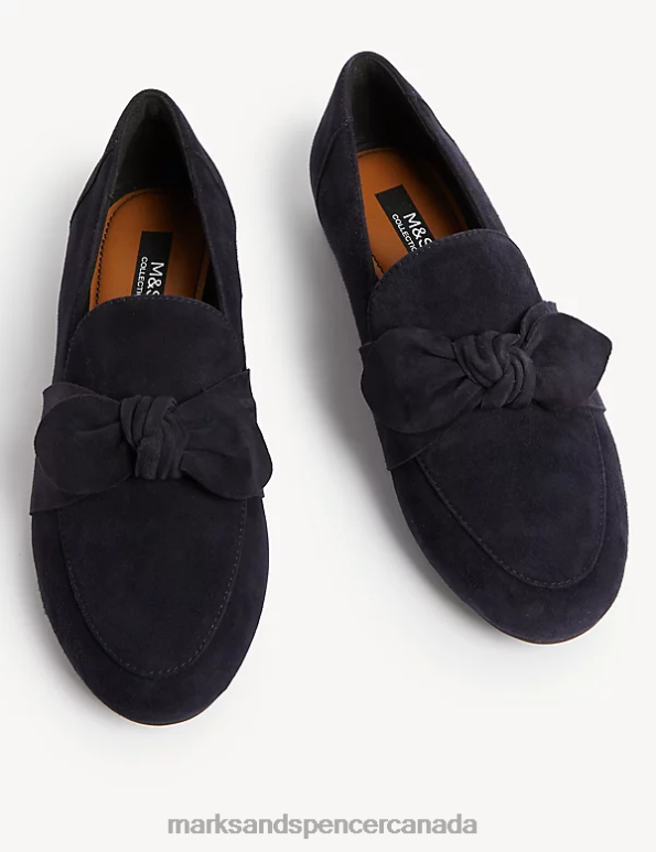 Marks and Spencer sale - Women Navy Footwear Marks & Spencer Wide Fit Suede Bow Flat Loafers 20VTD2169