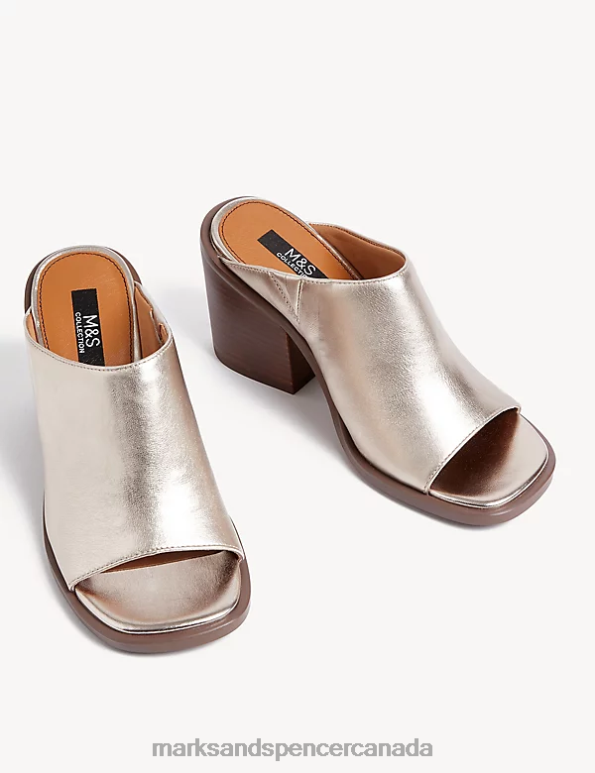 Women Gunmetal Footwear Marks & Spencer Leather Block Heel Open Toe Mules 20VTD2609 - Marks and Spencer outlet
