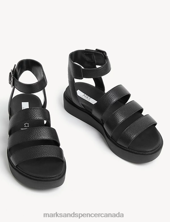 Marks and Spencer Canada - Women Black Footwear Marks & Spencer Leather Ankle Strap Flat Sandals 20VTD2724