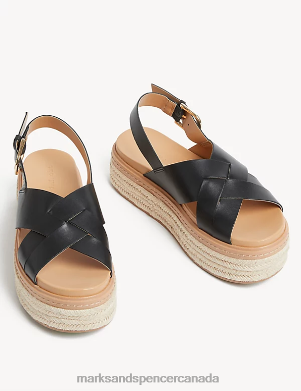 Marks and Spencer Canada - Women Black Footwear Marks & Spencer Leather Crossover Flatform Sandals 20VTD2820