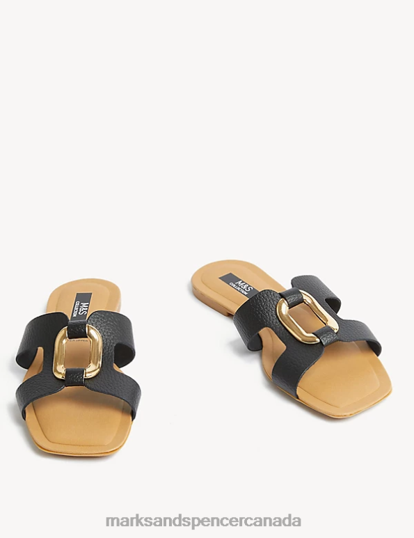 Women Black Footwear Marks & Spencer Leather Ring Detail Flat Sliders 20VTD3033 - Marks and Spencer online