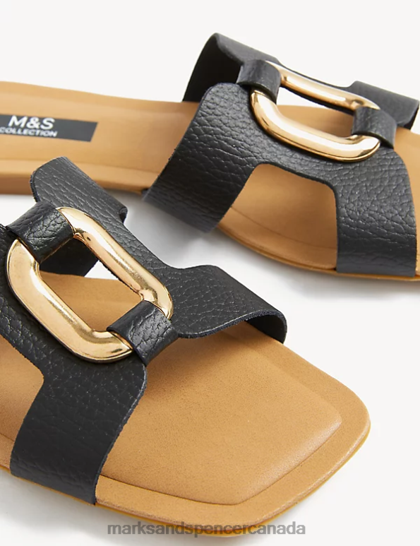 Women Black Footwear Marks & Spencer Leather Ring Detail Flat Sliders 20VTD3033 - Marks and Spencer online