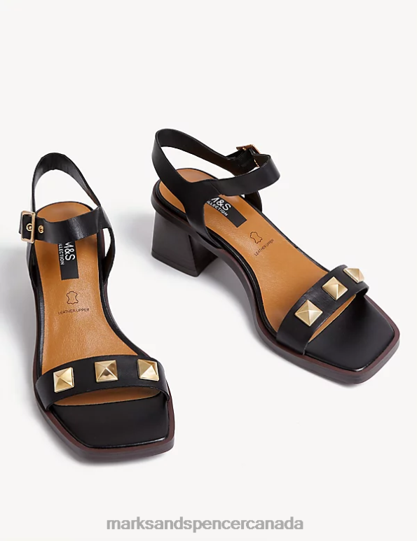 Women Black Mix Footwear Marks & Spencer Leather Studded Block Heel Sandals 20VTD2102 - Marks and Spencer Canada locations