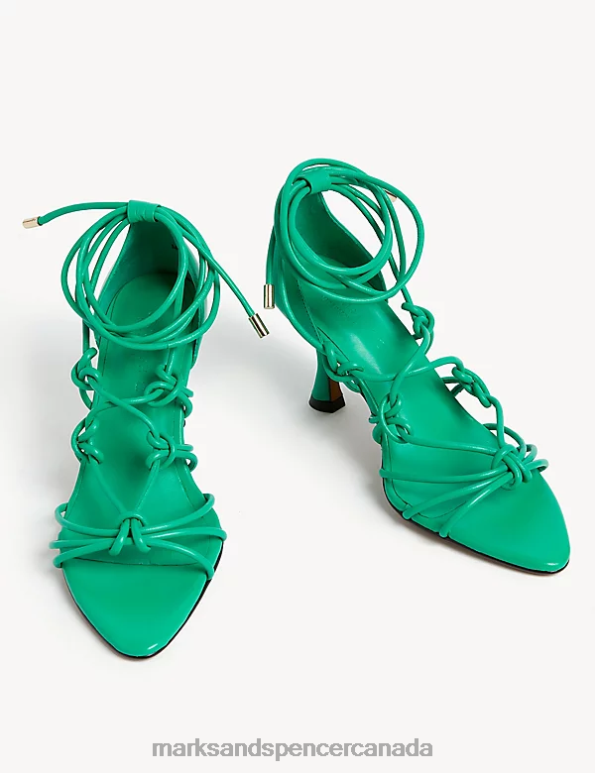 Marks and Spencer Canada - Women Green Footwear Marks & Spencer Leather Knot Strappy Stiletto Heel Sandals 20VTD2141