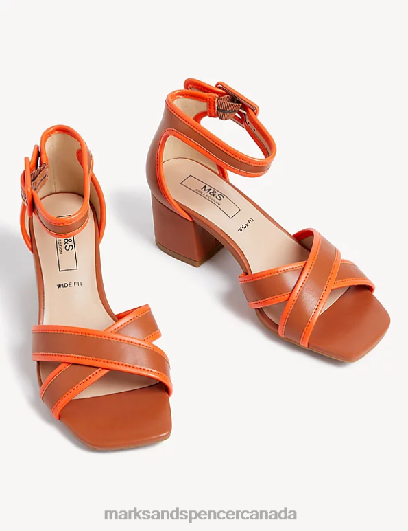 Women Light Tan Mix Footwear Marks & Spencer Wide Fit Ankle Strap Block Heel Sandals 20VTD2866 - Marks and Spencer Canada locations