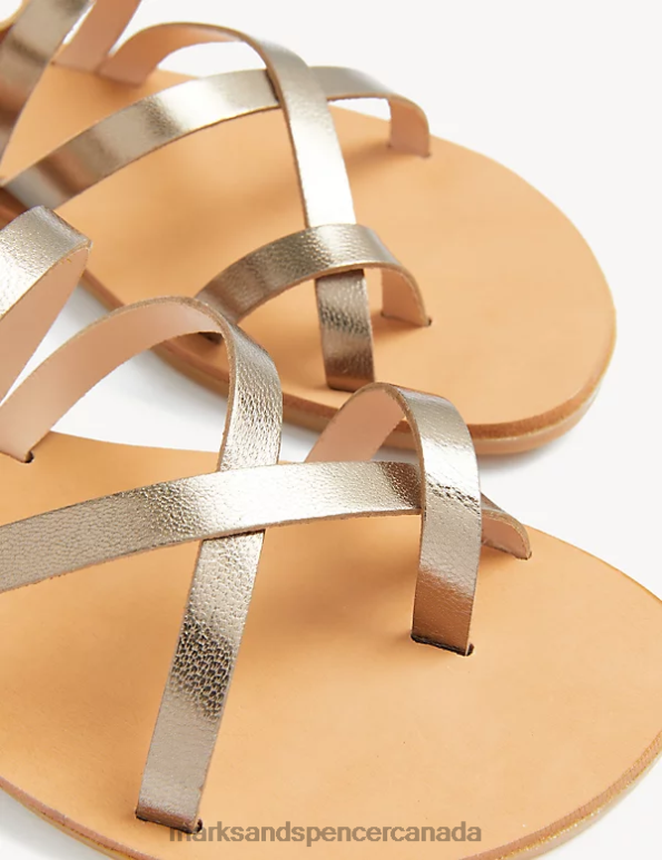 Marks and Spencer Canada - Women Soft Gold Footwear Marks & Spencer Leather Strappy Flat Sandals 20VTD1608