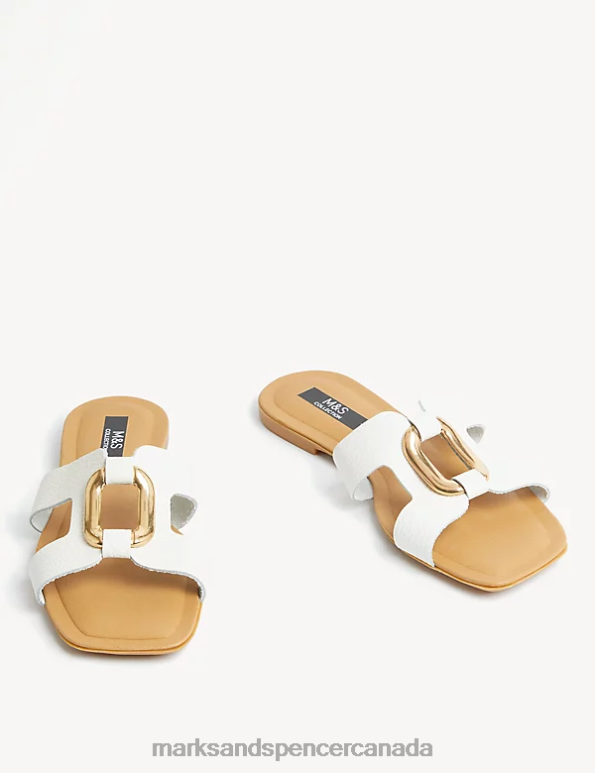 Women White Footwear Marks & Spencer Leather Ring Detail Flat Sliders 20VTD2688 - Marks and Spencer outlet