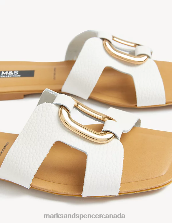 Women White Footwear Marks & Spencer Leather Ring Detail Flat Sliders 20VTD2688 - Marks and Spencer outlet