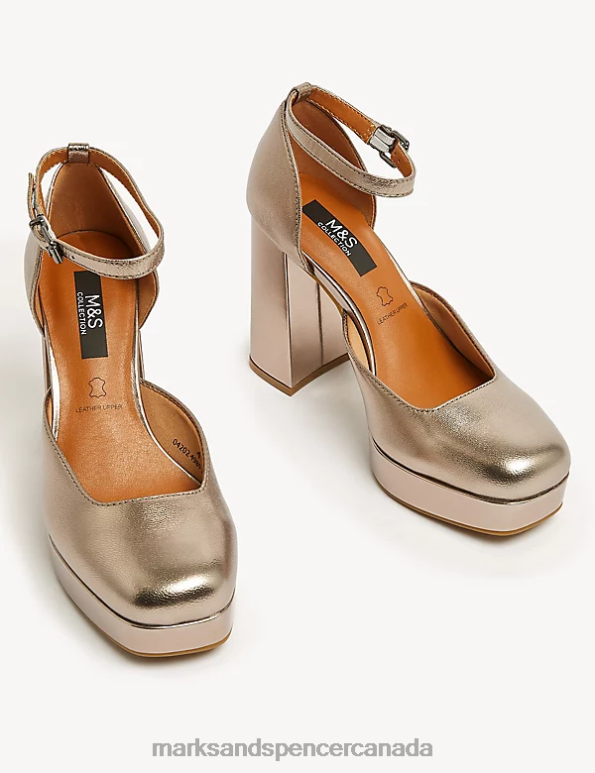 Women Antique Gold Footwear Marks & Spencer Leather Ankle Strap Platform Court Shoes 20VTD1297 - Marks and Spencer online