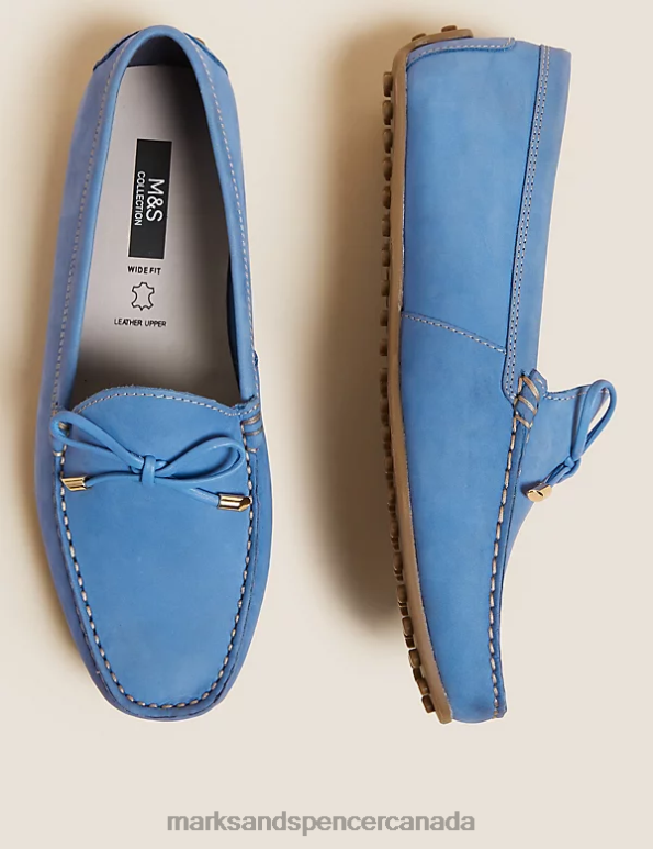 Marks and Spencer Canada - Women Blue Footwear Marks & Spencer Wide Fit Leather Bow Boat Shoes 20VTD3185
