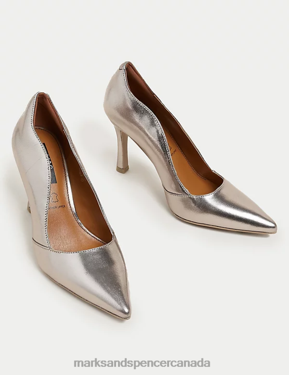 Women Gunmetal Footwear Marks & Spencer Leather Stiletto Heel Pointed Court Shoes 20VTD1866 - Marks and Spencer Canada locations